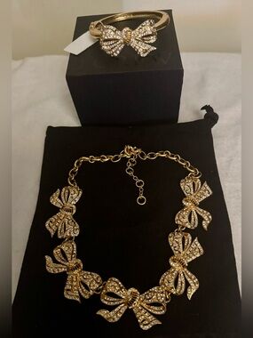 NWT J.Crew Crystal Pavé Bow Statement Necklace & Matching Bangle Bracelet Set